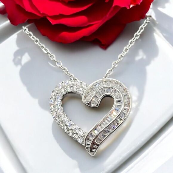 Silver CZ Heart Necklace Channel Set Baguette Open Heart Pendant Sparkly Pave - Picture 10 of 11